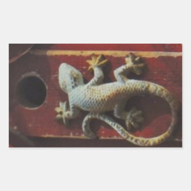 grey lizard on worn wood rectangular sticker (Front)