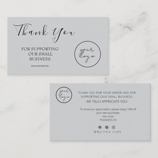 Grey Logo Script Thank You Card Discount Business (Front/Back)