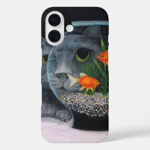 Grey Long Haired Cat and Fishbowl iPhone 16 Case
