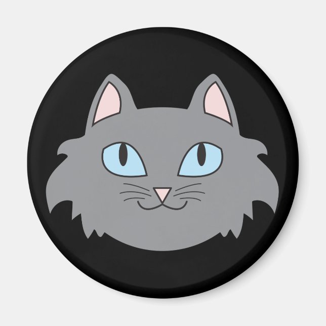 Grey Long-Haired Cat Round Magnet (Front)