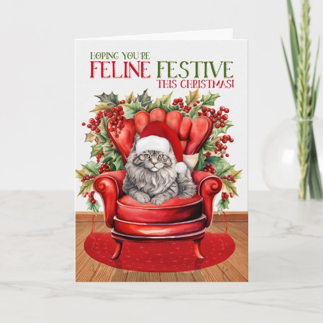 Grey Longhair Christmas Cat FELINE Festive Holiday Card (Front)