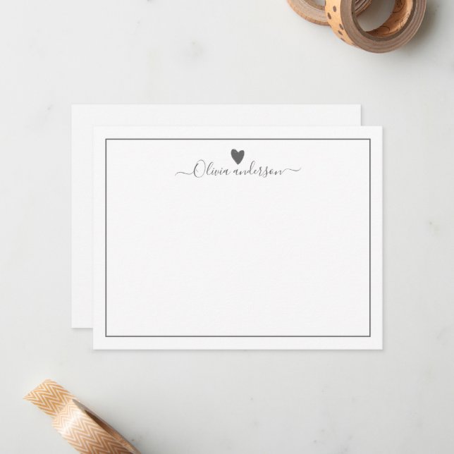 Grey Love Heart Personalised Note Card (Front/Back In Situ)