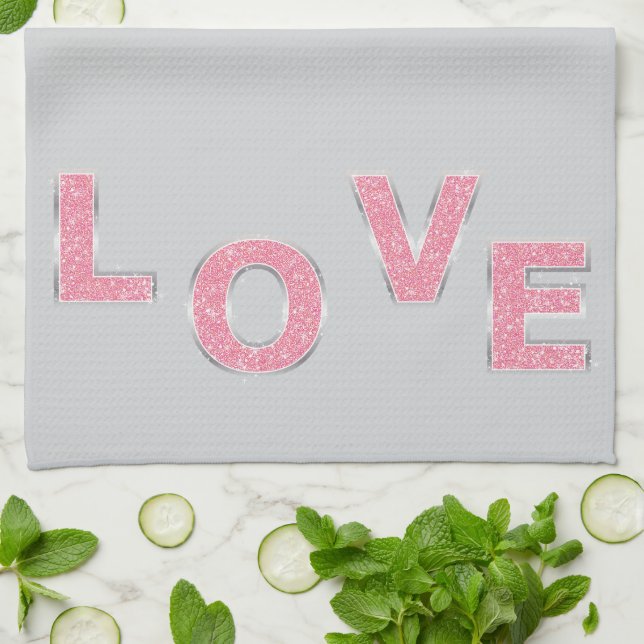 Grey Love Pink Silver Glitter Tea Towel (Folded)