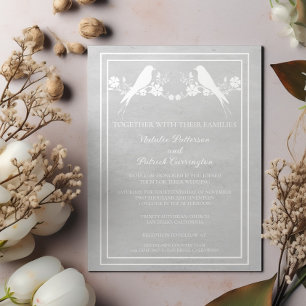 Grey Lovebird Floral Wedding Invitation
