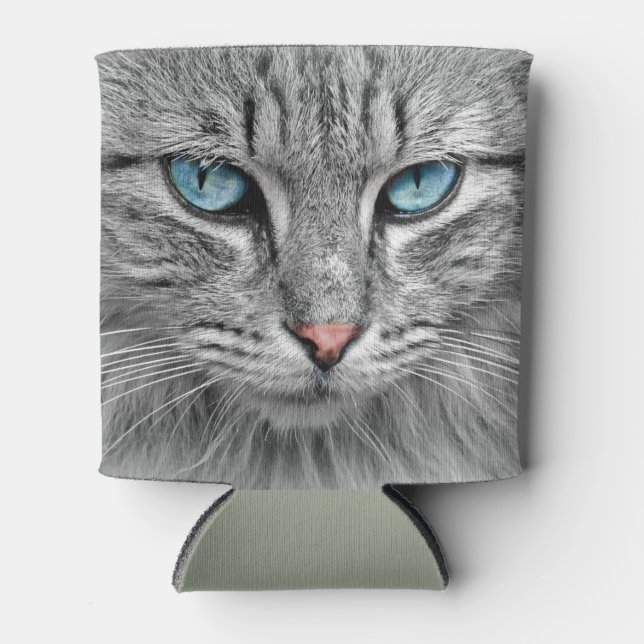 Grey mackerel tabby cat with blue eyes can cooler (Front)