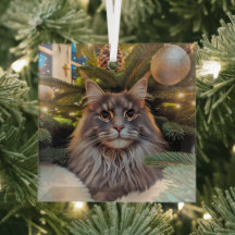 Grey Maine Coon Glass Ornament