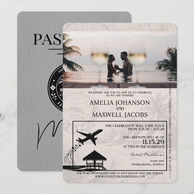 Grey Maldives Passport Wedding Invitation (Front/Back)