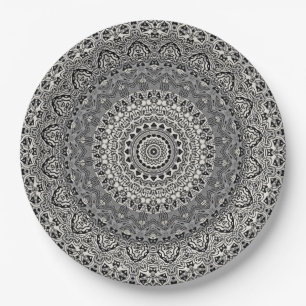 Grey Mandala Kaleidoscope Medallion Flower Paper Plate