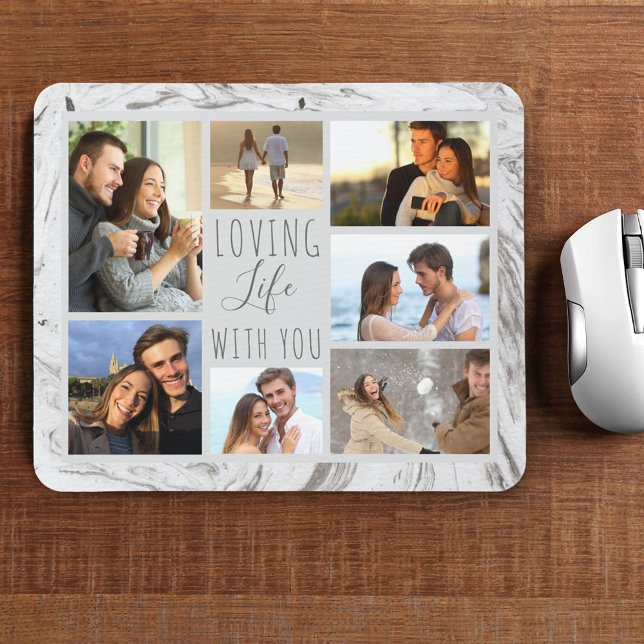 Grey Marble 7 Photo Collage - Loving Life with You Mouse Mat (Creator Uploaded)