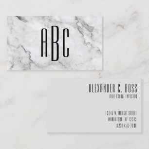 Grey Marble and Black Three Letter Monogram Business Card