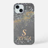 Grey marble chic gold glitter monogram