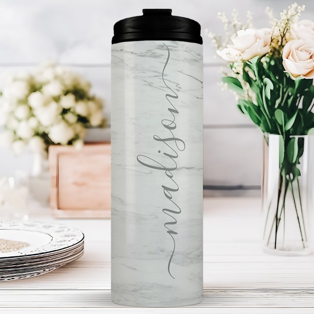 Grey Marble Chic Stylish Signature Script Name Thermal Tumbler (Creator Uploaded)