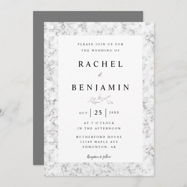 grey marble elegant simple modern chic wedding invitation (Front/Back)