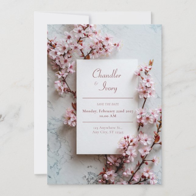Grey Marble Pink Sakura Botanical Frame Wedding Invitation (Front)
