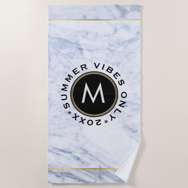 Grey Marble Print Summer Vibes Only Text Beach Towel (Front)