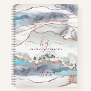 Grey Marble Rose Gold Glitter Script Monogram Notebook