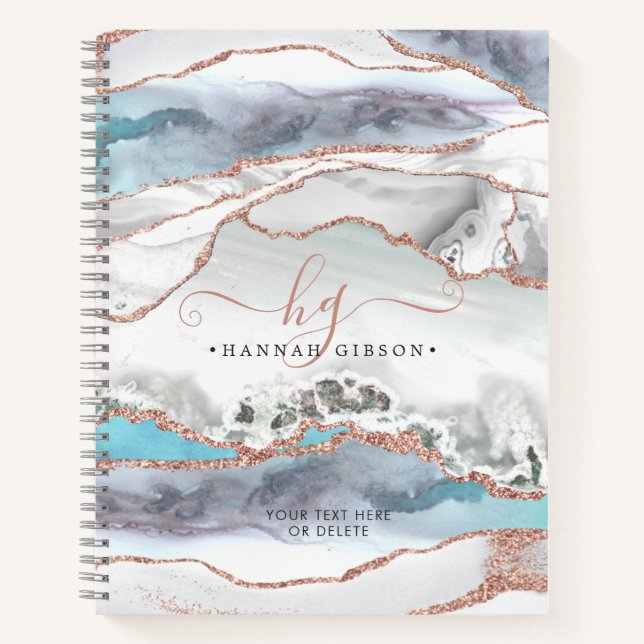 Grey Marble Rose Gold Glitter Script Monogram Notebook (Front)