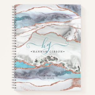 Grey Marble Rose Gold Glitter Teal Script Monogram Notebook