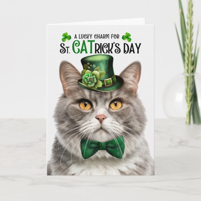 Grey Marble Tabby Cat St CATrick's Day Lucky Charm Holiday Card (Front)