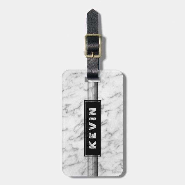 Grey Marble Texture & Black Stripes Luggage Tag (Front Vertical)
