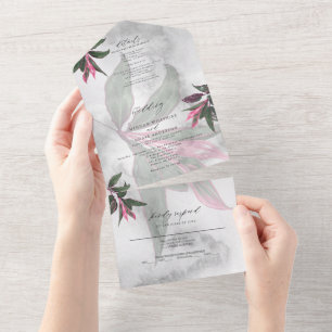 Grey Marble Tropical Pink Philodendron All In One Invitation