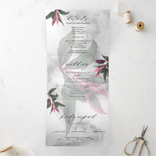 Grey Marble Tropical Pink Princess Philodendron Tri-Fold Invitation