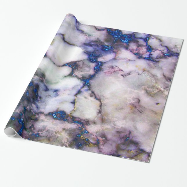 Grey Marble With Blue Glitter Wrapping Paper (Unrolled)