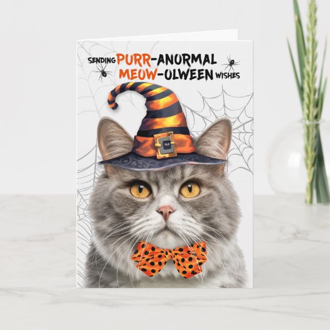 Grey Marbled Halloween Cat PURRanormal MEOWolween Holiday Card (Front)