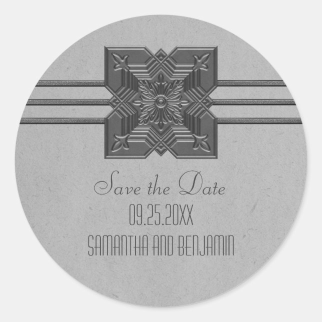 Grey Medallion Border Save the Date Stickers (Front)