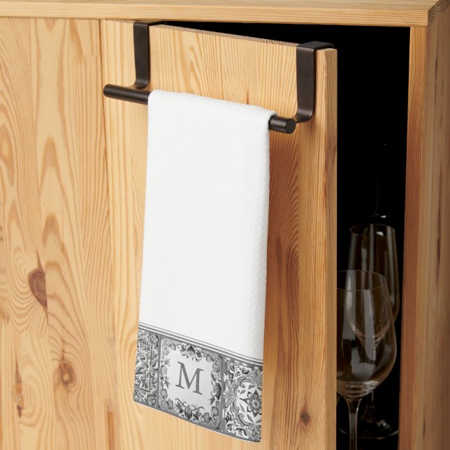 Grey Mediterranean Tile Personal Custom Monogram Tea Towel (Thirds Fold)