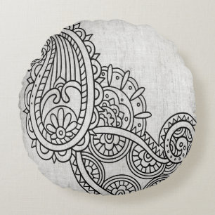 Grey Mehndi Motif Round Pillow