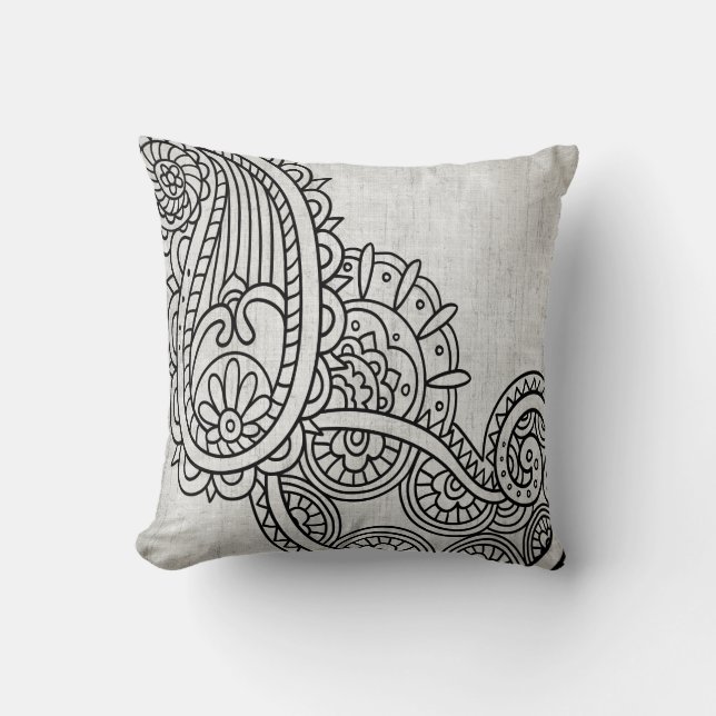 Grey Mehndi Motif Throw Pillow (Front)