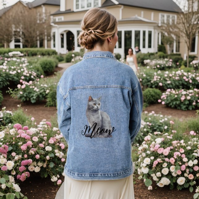 Grey Meow Kitty Cat  Denim Jacket (Wedding Back)