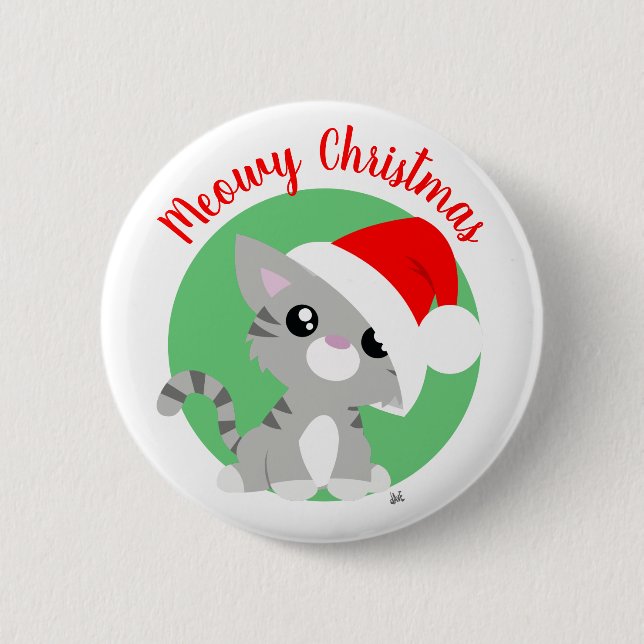 Grey Meowy Christmas Kitty Button (Front)