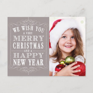 Grey Merry Christmas, Happy New Year Photo Holiday Postcard