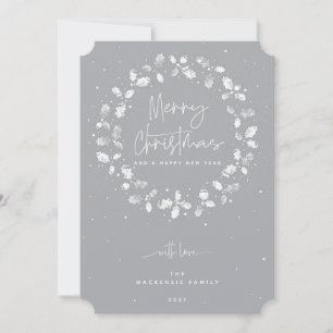 Grey Merry Christmas Holly Wreath Holiday Card
