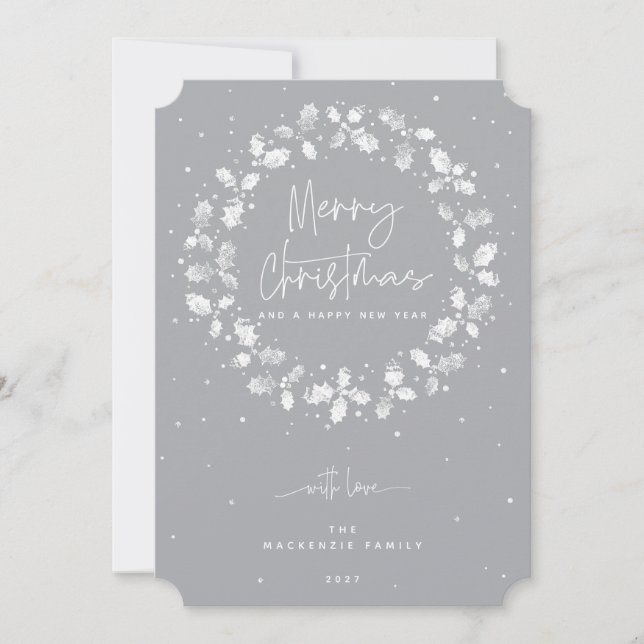 Grey Merry Christmas Holly Wreath Holiday Card (Front)
