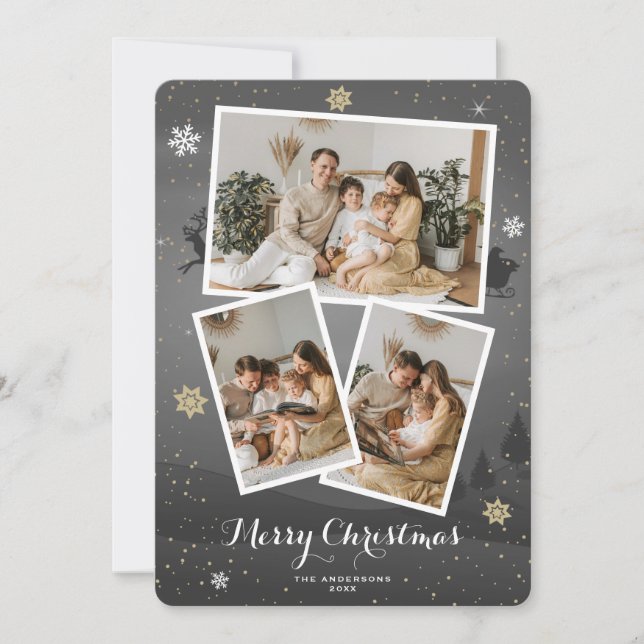 Grey Merry Christmas Photo Collage Holiday Cards (Front)