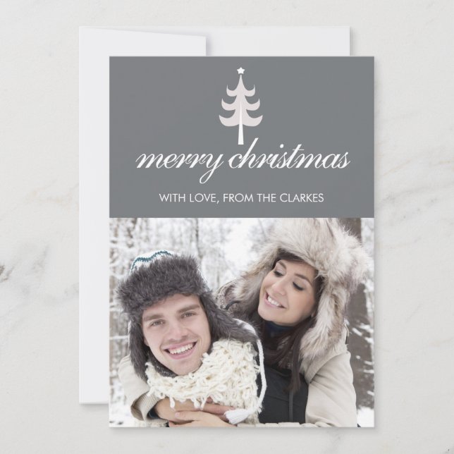 Grey Merry Christmas Photo Flat Cards with Tree (Front)