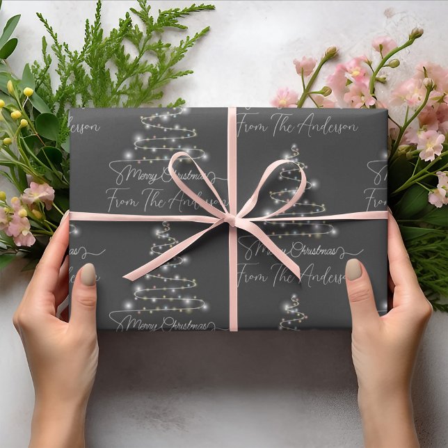 Grey Merry Christmas Tree Light Custom Family Name Wrapping Paper (Creator Uploaded)