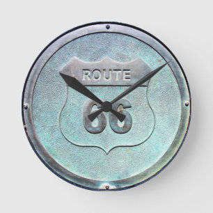 Grey Metal Route 66 Plaque, Souvenir Round Clock