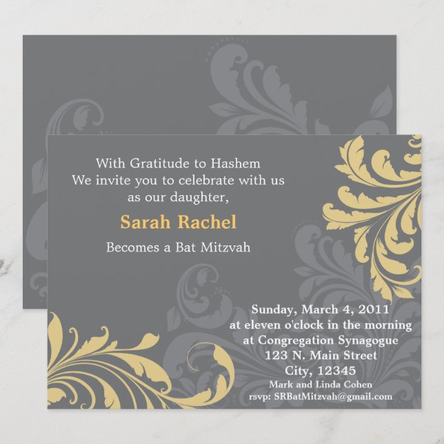 Grey Metalic Damask - Yellow Invitation (Front/Back)