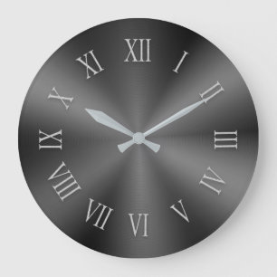 Grey Metallic Clock with Patterned Roman Numbers