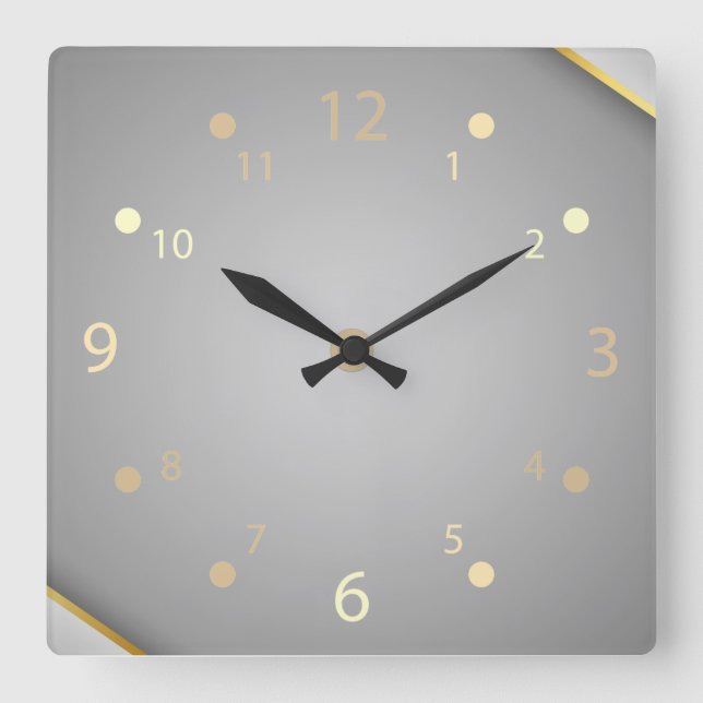 Grey metallic shiny gold line modern square wall clock (Front)