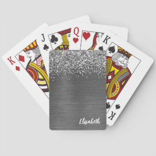 Grey Metallic Silver Glitter Girly Monogram Name Playing Cards