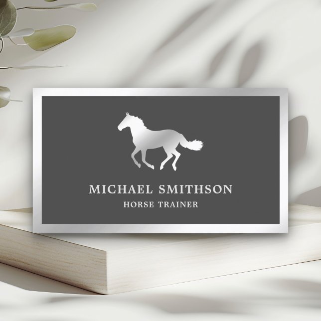 Grey Metallic Steel Horse Riding Instructor Business Card (Creator Uploaded)