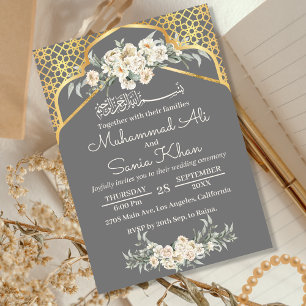 Grey Minimal Floral Gold  Islamic Muslim Wedding Invitation