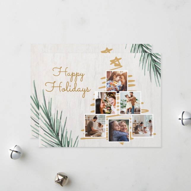 Grey Minimalist Happy Holidays Photo Collage Holiday Card (Front/Back In Situ)