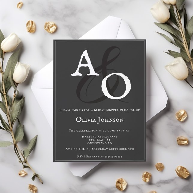 Grey Minimalist Monogram Bridal Invitation (Gray Minimalist Monogram Bridal Shower Invitation)