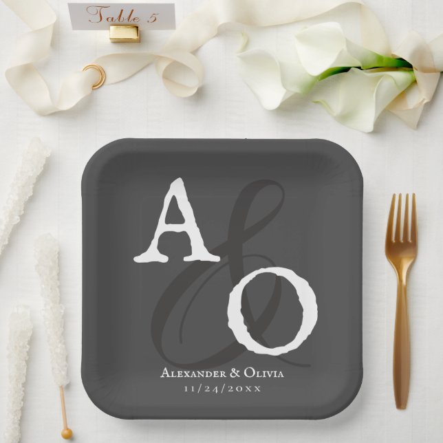 Grey Minimalist Monogram Wedding Paper Plate (Wedding)